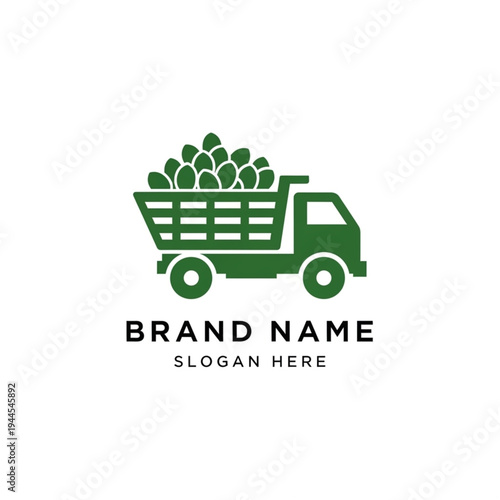 Green dump truck icon filled with fresh eggs, symbolizing organic delivery and natural products.