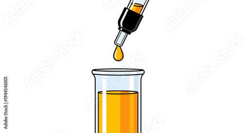 Pipette dropping orange liquid into glass beaker chemistry lab equipment