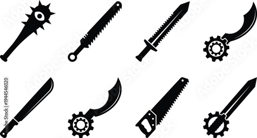 Collection of Black Silhouette Post-Apocalyptic Melee Weapon Icons Including Spiked Clubs Saw Blades Gear Swords and Survivalist Combat Machete Tools