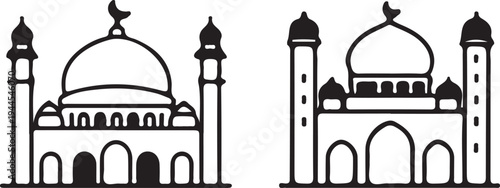 Architectural illustration of two mosques with domes and minarets in black and white