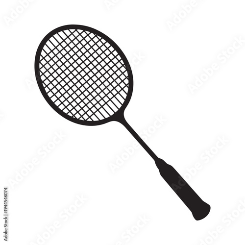 A black silhouette illustration of a badminton racket displayed diagonally
