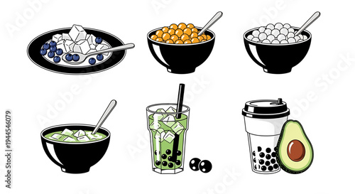 Boba tea and dessert collection with bowls and cups illustrations