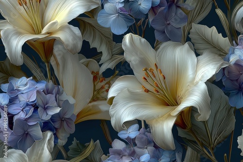 Vibrant, elegant, chic, vintage seamless repeatable pattern featuring delicate white lilies, hydrangeas in soft pale blue and muted lavender tone