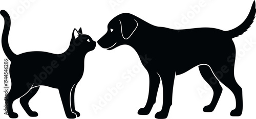 Silhouette of a cat and dog touching noses isolated on transparent background