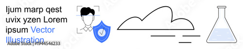 Digital security, identity verification, data storage, cloud computing, science, technology. Icons display a face scan with shield, a cloud and a laboratory flask. Identity verification and science