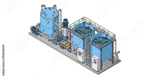 Industrial water treatment plant with tanks, pipes, and machinery, illustrating a complex system for purification.