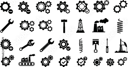 collection of black and white industrial icons on white background