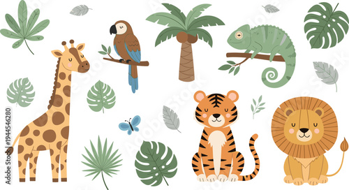 Cute jungle animals vector set with giraffe, lion, tiger, parrot, chameleon and tropical leaves in flat cartoon style illustration