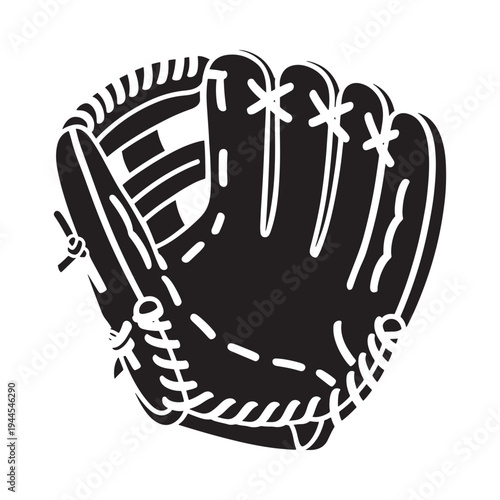 A black and white illustration of a classic baseball glove