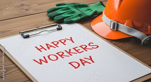 Workers day celebration with safety gear and clipboard