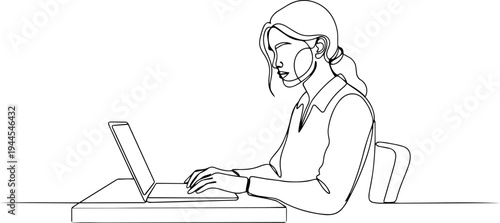 young woman working on laptop line art 