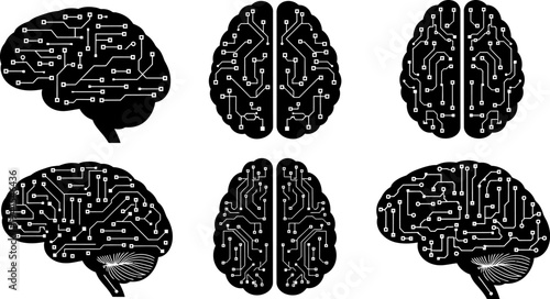 Circuit board brain illustrations in various views and angles showing electronic design