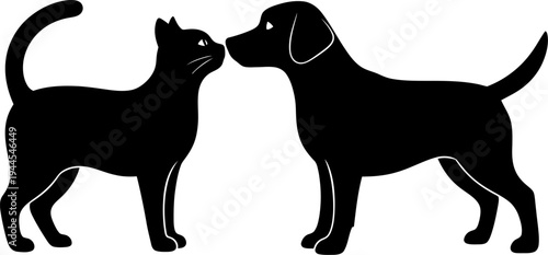 black silhouette of a cat and dog touching noses on transparent background