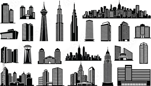 blackandwhite city skylines with various buildings and skyscrapers in different architectural styles and shapes