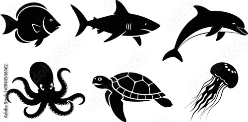 Black silhouettes of various sea creatures on white background