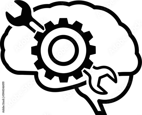 Brain with gear and tools for innovation and problem solving concept