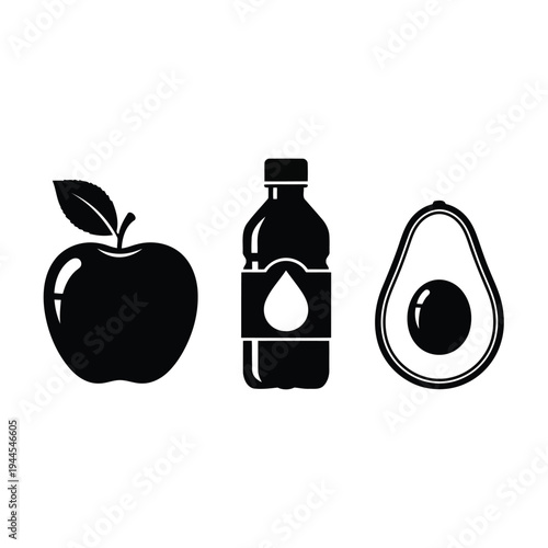 Illustration of black silhouette of an apple, juice bottle and avocado on vector