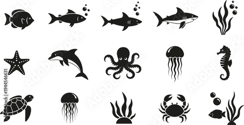 Collection of black ocean animal silhouettes on white background