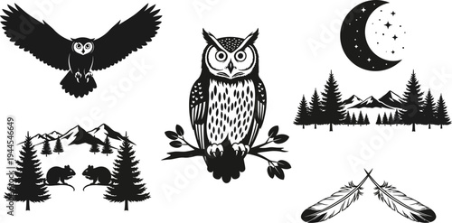blackandwhite illustrations of owls trees and mountains
