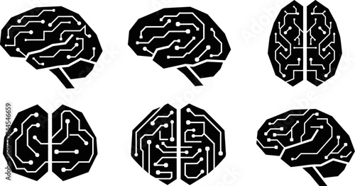 circuit board brain icons in different angles and views  various electronic brains