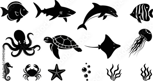 black silhouettes of various sea creatures and plants on white background