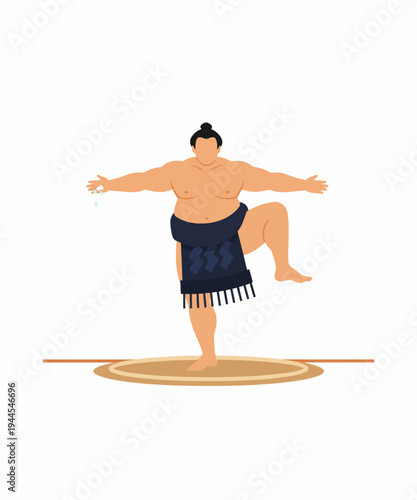 Sumo wrestler in fighting stance on circular ring flat design vector illustration