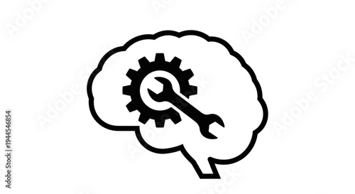 brain with gear and wrench icons for science and technology concepts
