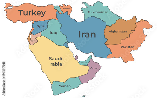 Middle East Map Vector Illustration with Country Names and Borders