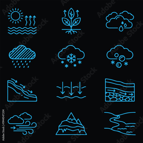 Water Cycle, Weather, and Hydrology Blue Line Icon Set on Black Background.