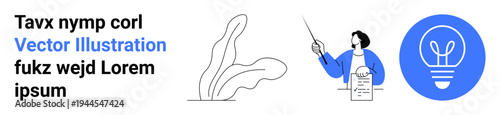 Education, creativity, innovation, presentation, teaching, knowledge. Minimalist style with a woman pointing at a paper, abstract leaves and a lightbulb icon. Education and creativity concept