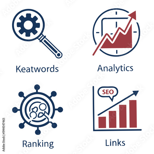 Seo and marketing with keywords on white background analytics ranking