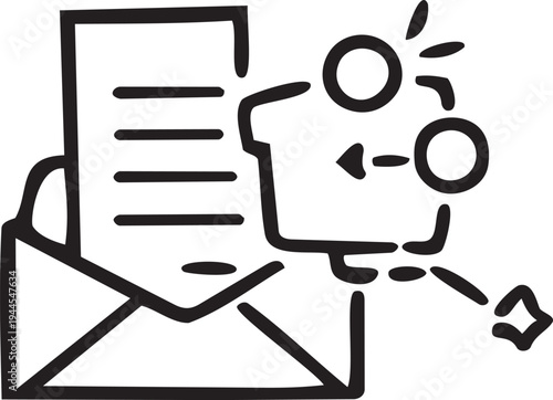 A black and white image of a document being sent from an envelope