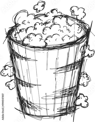 Wooden bucket filled with steaming hot water sketch with bubbles and steam in rustic
