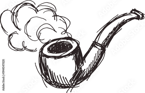 Hand drawn smoking pipe with swirling smoke in sketch isolated on white background