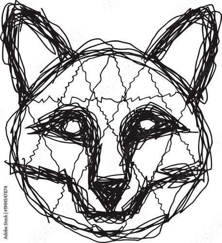 Abstract hand drawn fox face with rough sketch lines and irregular patterns in black ink