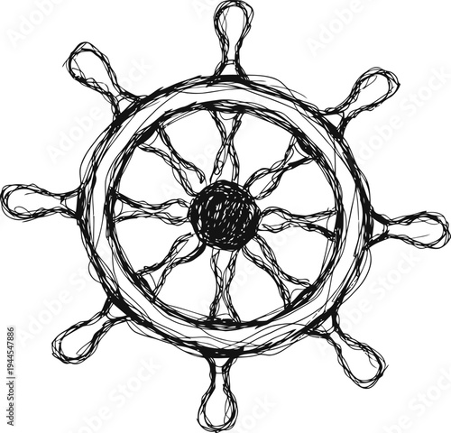Hand drawn ship steering wheel illustration, nautical vintage marine helm design sketch with detailed spokes and handles