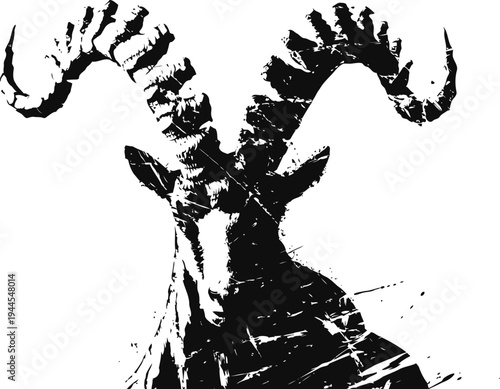 black and white goat illustration with large curved horns in high contrast ink