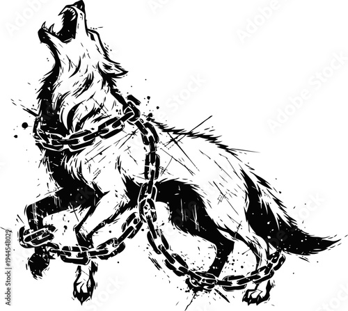 Howling wolf chained and struggling, black ink illustration, wild animal in captivity