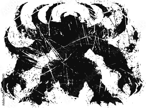 Dark monstrous creature silhouette with clawed hands and menacing stance grunge ink texture