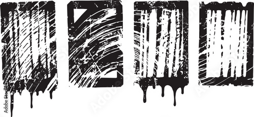 Grunge paint swatches with drip effect, distress texture design elements in black set