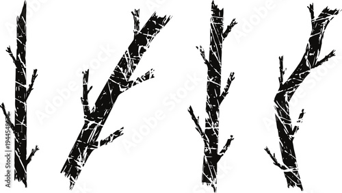 Black silhouette of tree branches with sparse small twigs isolated on white background