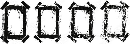 grunge frame borders in black with tape corners, distressed edge rectangle designs for art or text