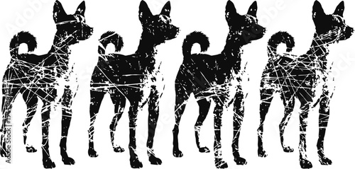 Four black dogs standing in a row with white grunge texture, pet silhouette art