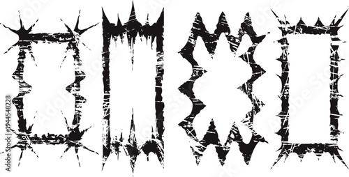 Grunge spiked borders set distressed frame edges with sharp spikes and irregular jagged shapes in black