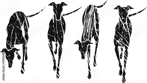 Four running goats silhouettes artistic black and white farm animal design
