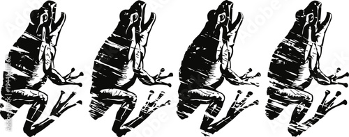 repeated grunge frog silhouette with textured black stripes on transparent background