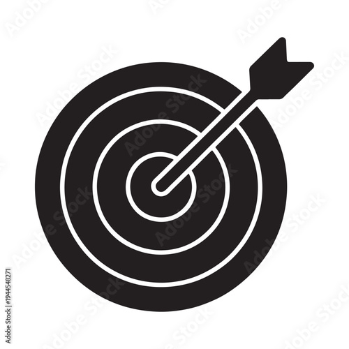 A black silhouette of a dart hitting the center of a target