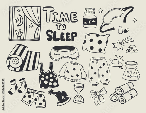Sleepwear and Night Relaxation Doodle Set. Pajamas, Home Clothes, Eye Mask, Pillows, Aroma lamp, Towel and Sleep Accessories. Time to Sleep. Isolated Black Line Art. Vector Illustration.