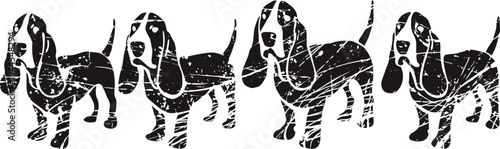 Basset hound silhouette set four black and white distressed dog illustrations with long ears, droopy eyes, and short legs