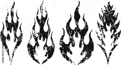 set of four black flame silhouettes with rough textured design elements and varying shapes